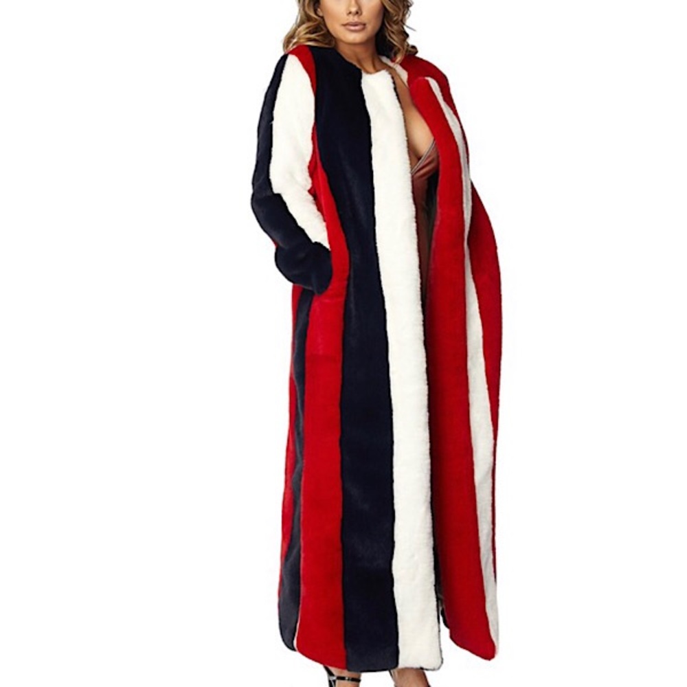 Fashion Cruella Deville Multi-color Stripe Long Faux Fur Coat